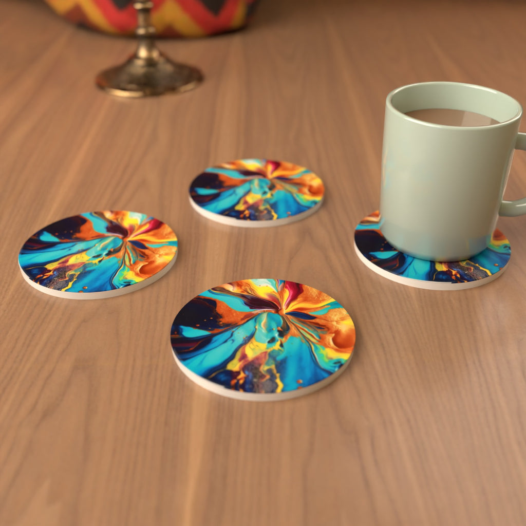 Fluid Lava Pink & Teal Round Ceramic Coasters – Set of 6 – lifestyle mockup 3