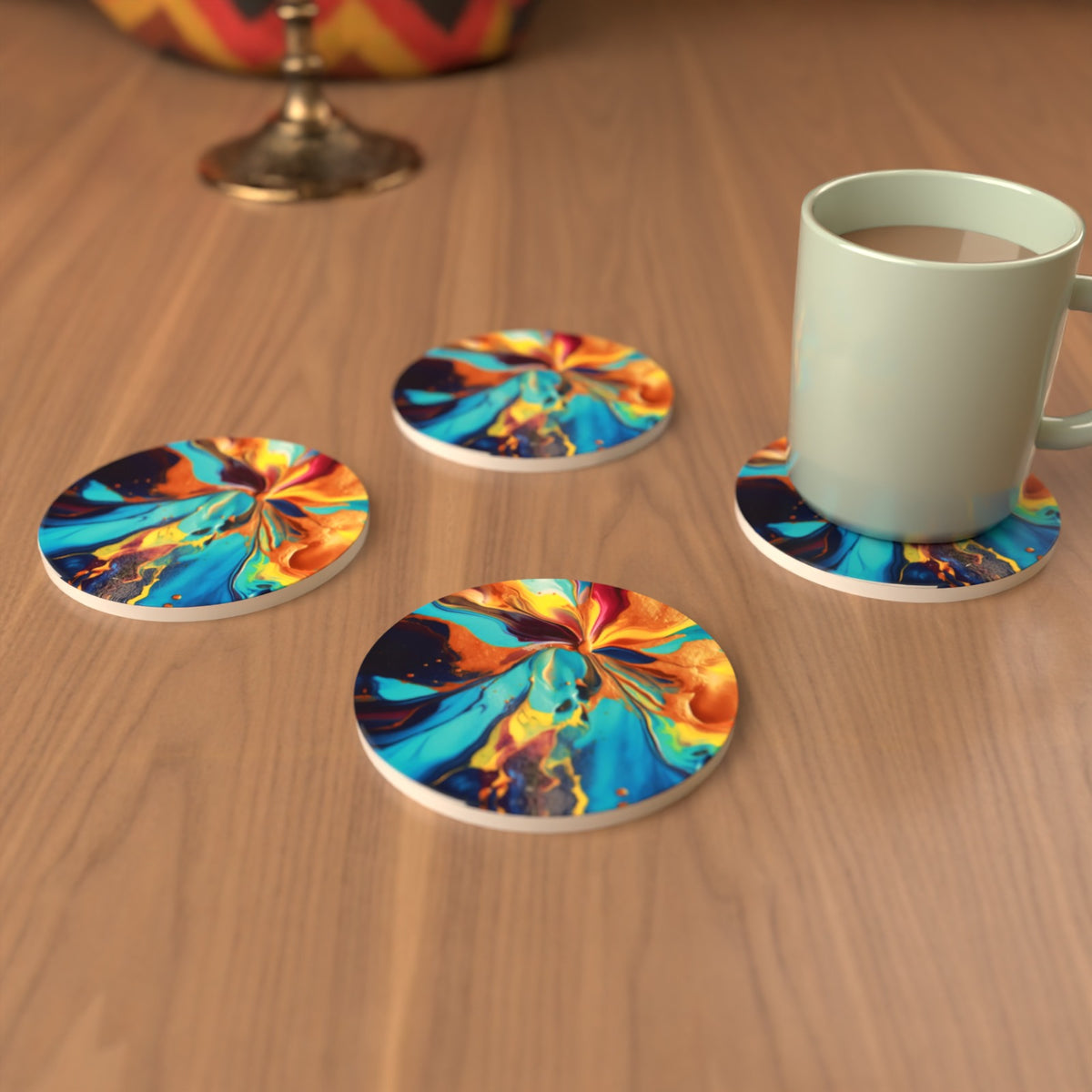 Fluid Lava Pink & Teal Round Ceramic Coasters – Set of 6 – lifestyle mockup 3