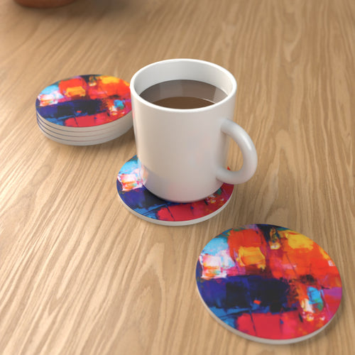Abstract Painterly Round Ceramic Coaster Set – Personalisable – lifestyle mockup 1