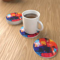 Abstract Painterly Round Ceramic Coaster Set – Personalisable – lifestyle mockup 1