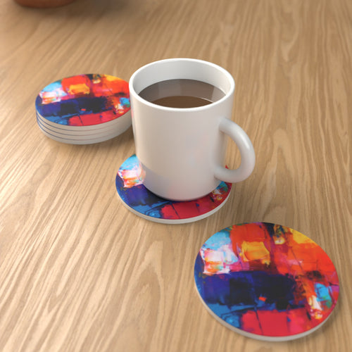 Abstract Painterly Round Ceramic Coaster Set – Personalisable – lifestyle mockup 1