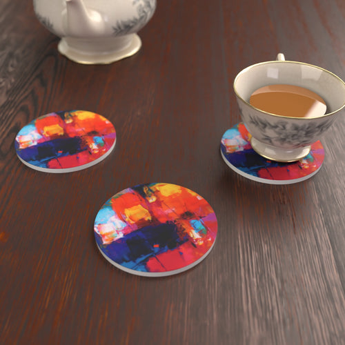 Abstract Painterly Round Ceramic Coaster Set – Personalisable – lifestyle mockup 2