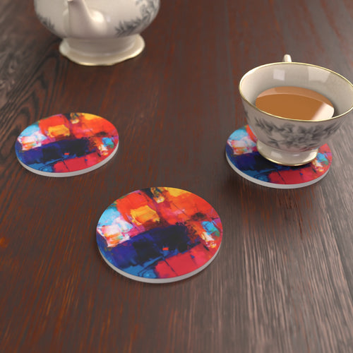 Abstract Painterly Round Ceramic Coaster Set – Personalisable – lifestyle mockup 2