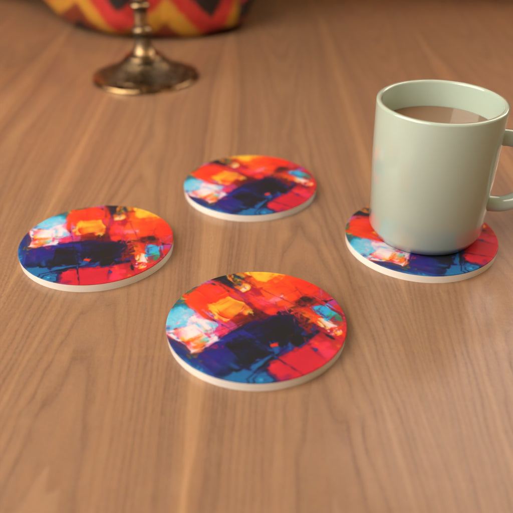 Abstract Painterly Round Ceramic Coaster Set – Personalisable – lifestyle mockup 3
