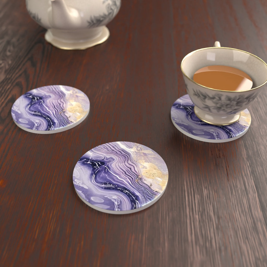 Lilac, Violet & Gold Marble Round Ceramic Coasters – Set of 6 – lifestyle mockup 2