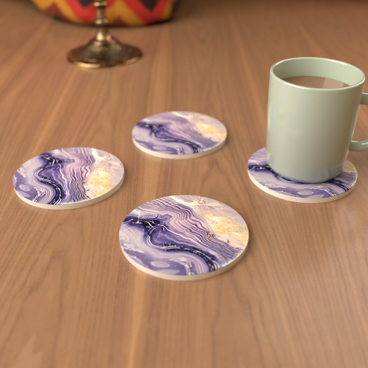 Lilac, Violet & Gold Marble Round Ceramic Coasters – Set of 6 – lifestyle mockup 3
