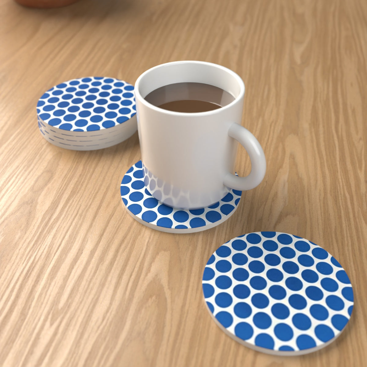 Blue Spot Pattern Round Ceramic Coasters – Set of 6 – lifestyle mockup 1