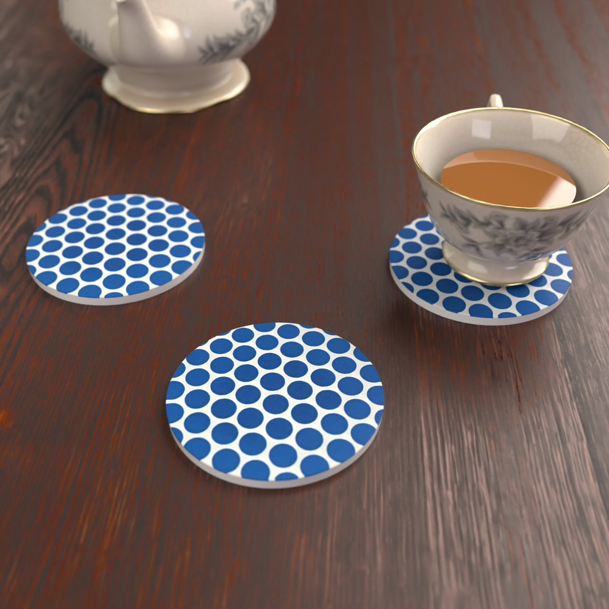 Blue Spot Pattern Round Ceramic Coasters – Set of 6 – lifestyle mockup 2