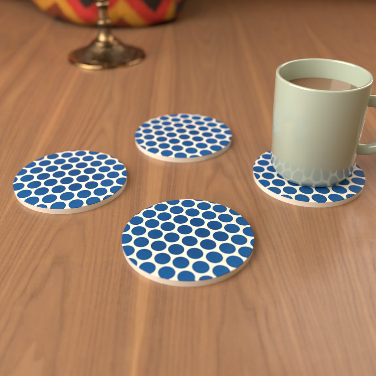 Blue Spot Pattern Round Ceramic Coasters – Set of 6 – lifestyle mockup 3