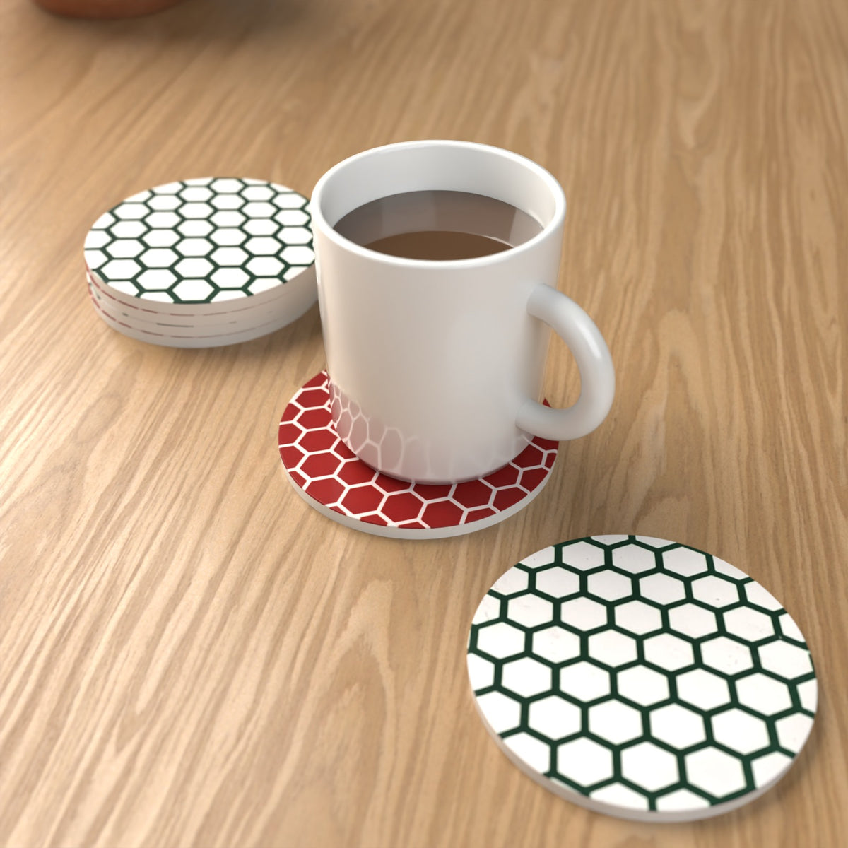 Honeycomb Pattern Round Ceramic Coasters – Set of 6, 3 Colours – lifestyle mockup 1
