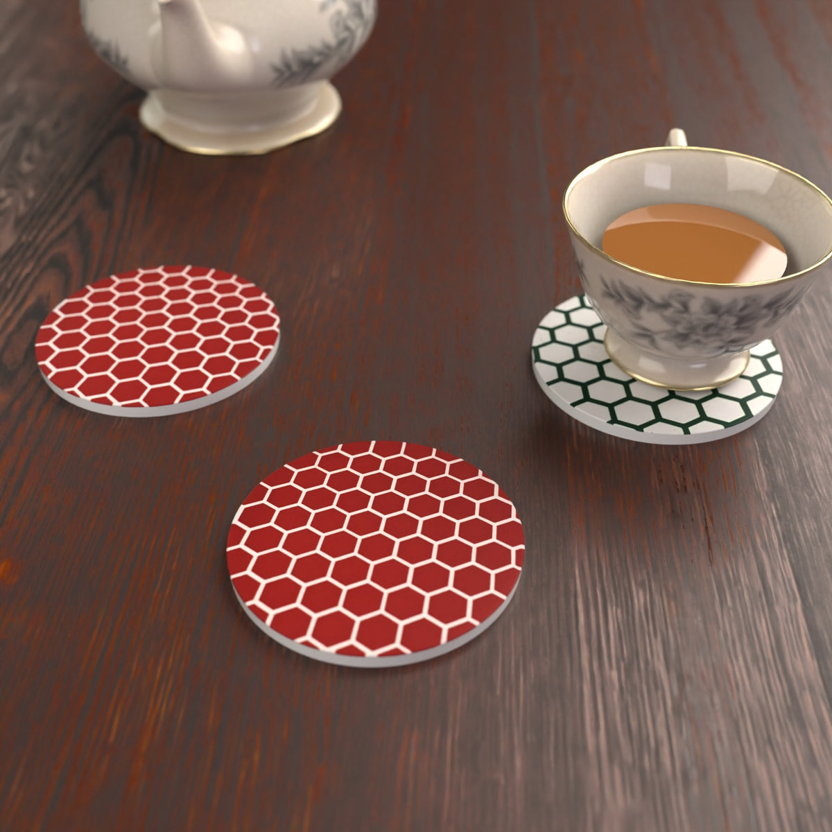 Honeycomb Pattern Round Ceramic Coasters – Set of 6, 3 Colours – lifestyle mockup 2
