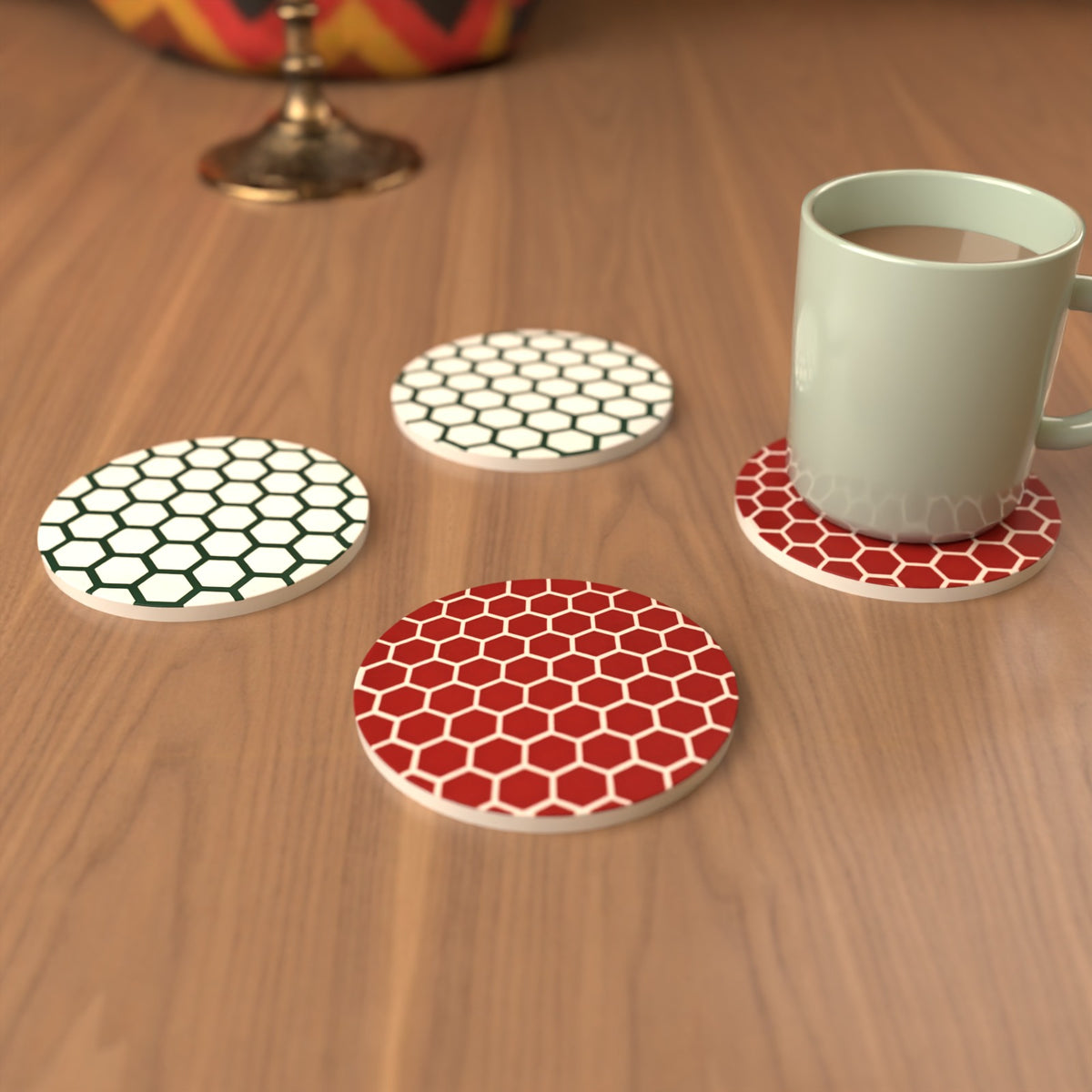 Honeycomb Pattern Round Ceramic Coasters – Set of 6, 3 Colours – lifestyle mockup 3