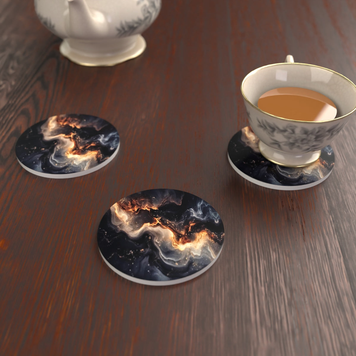 Black & Gold Lava Marble Round Ceramic Coasters – Set of 6 – lifestyle mockup 2