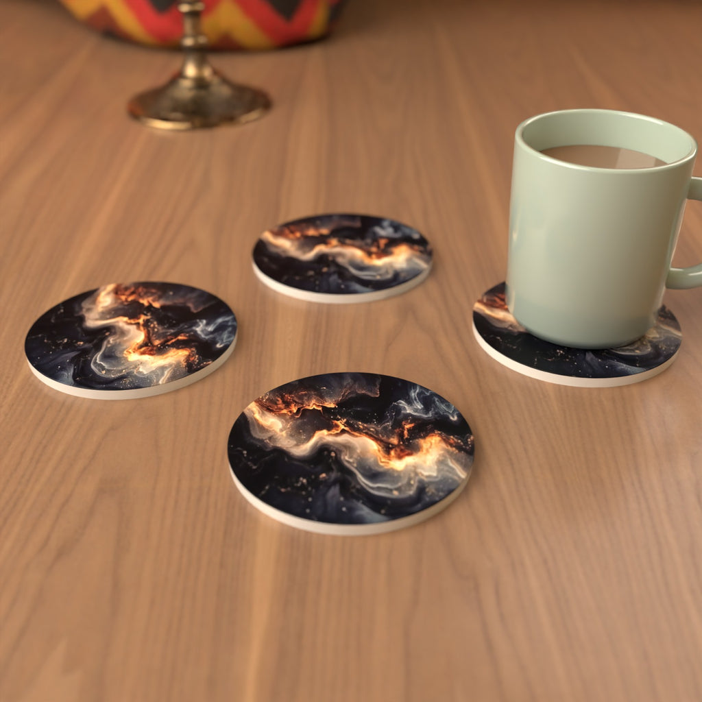 Black & Gold Lava Marble Round Ceramic Coasters – Set of 6 – lifestyle mockup 3