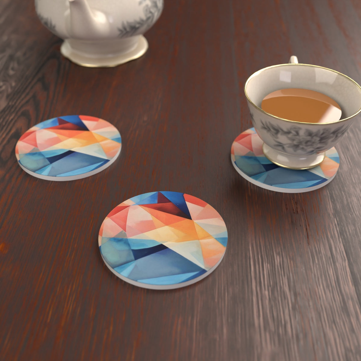 Geometric Rainbow Round Ceramic Coasters – Set of 6 – lifestyle mockup 2