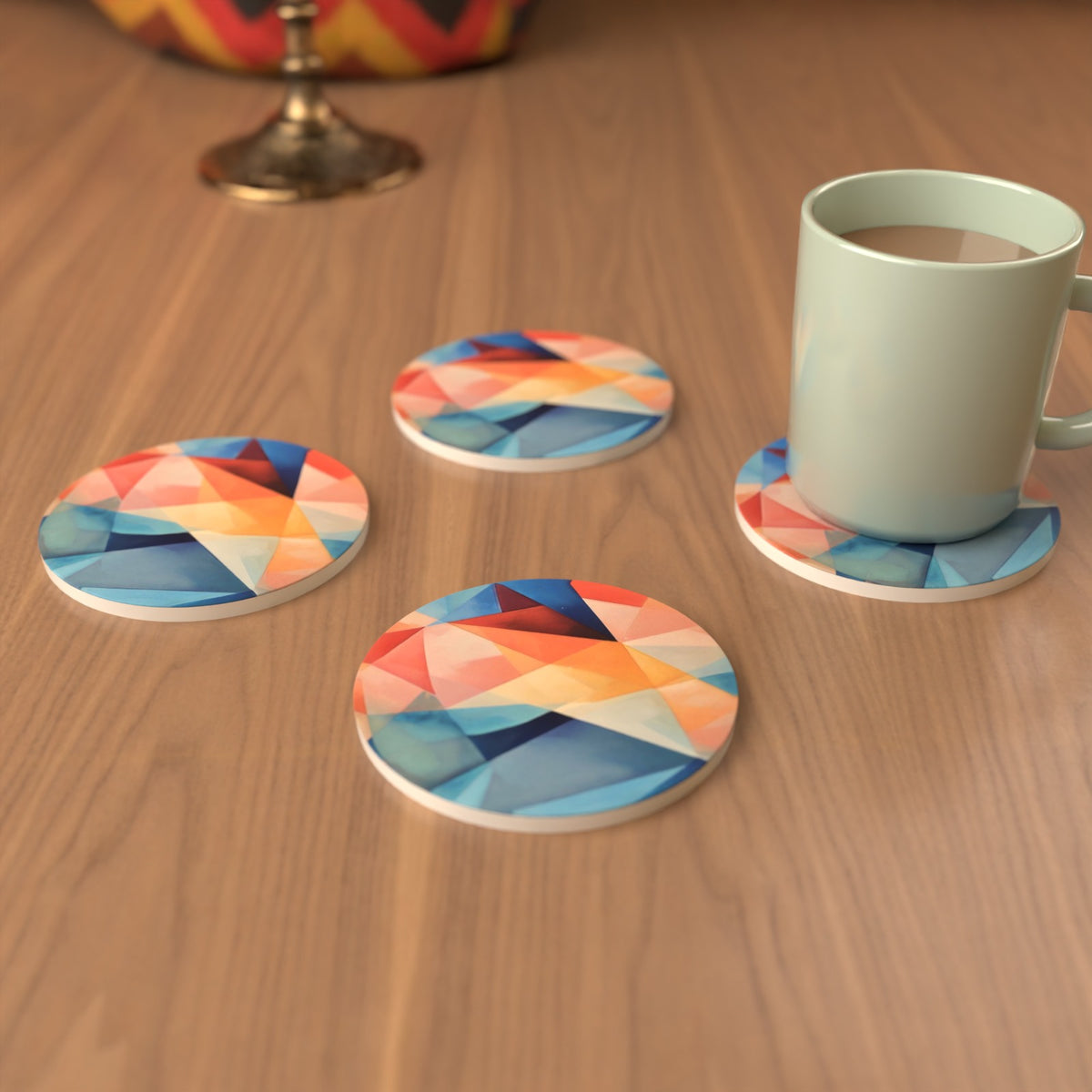 Geometric Rainbow Round Ceramic Coasters – Set of 6 – lifestyle mockup 3