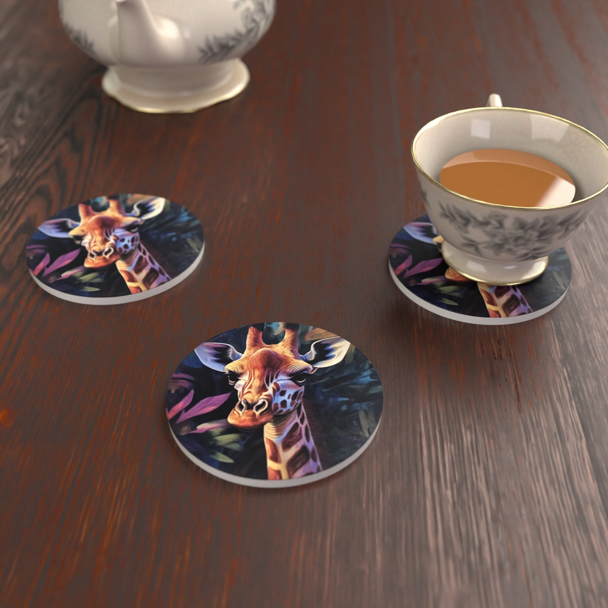 Jungle Giraffe Round Ceramic Coasters – Set of 6 – lifestyle mockup 2