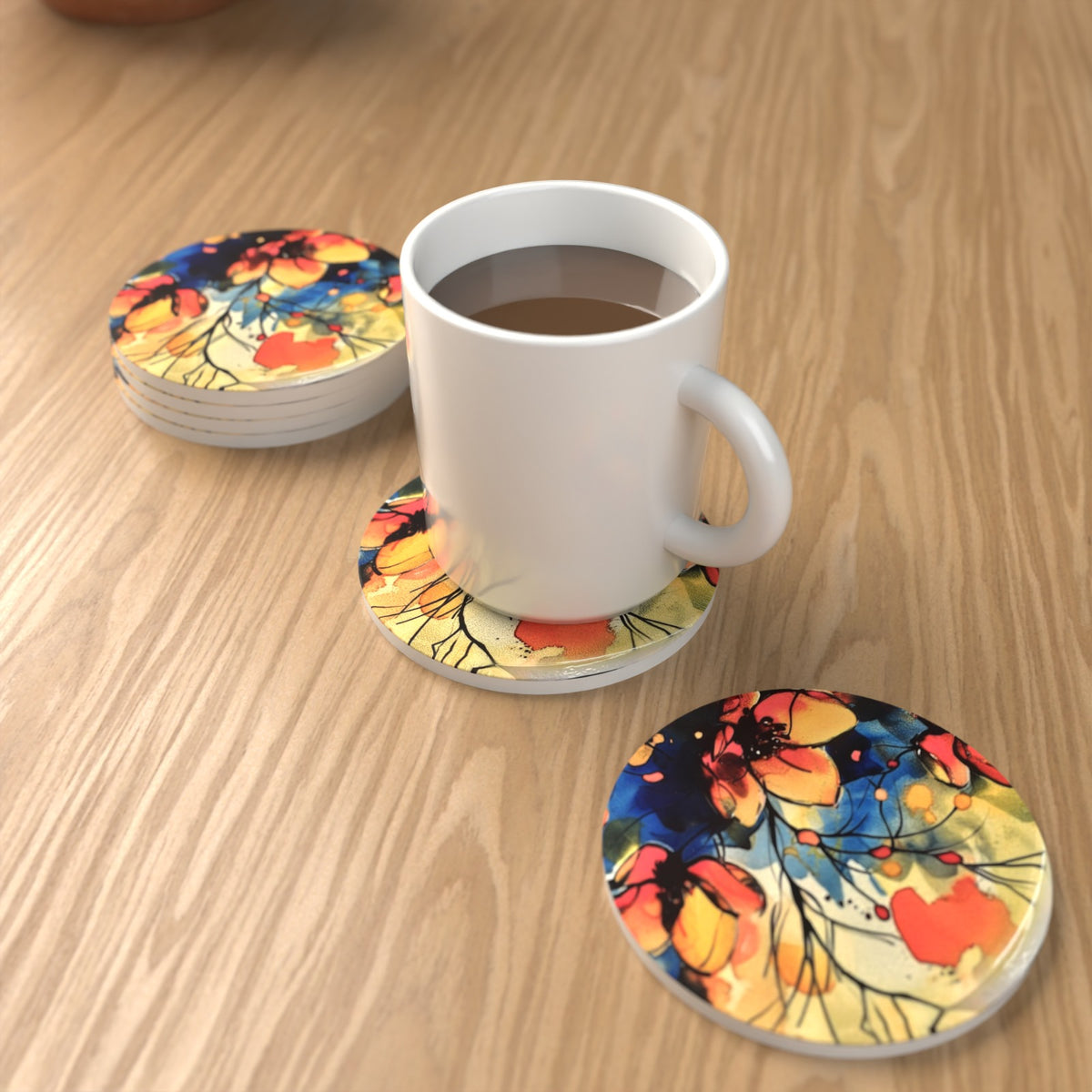 Wildflower Meadow Watercolour Ceramic Coasters – Set of 6 – lifestyle mockup 1