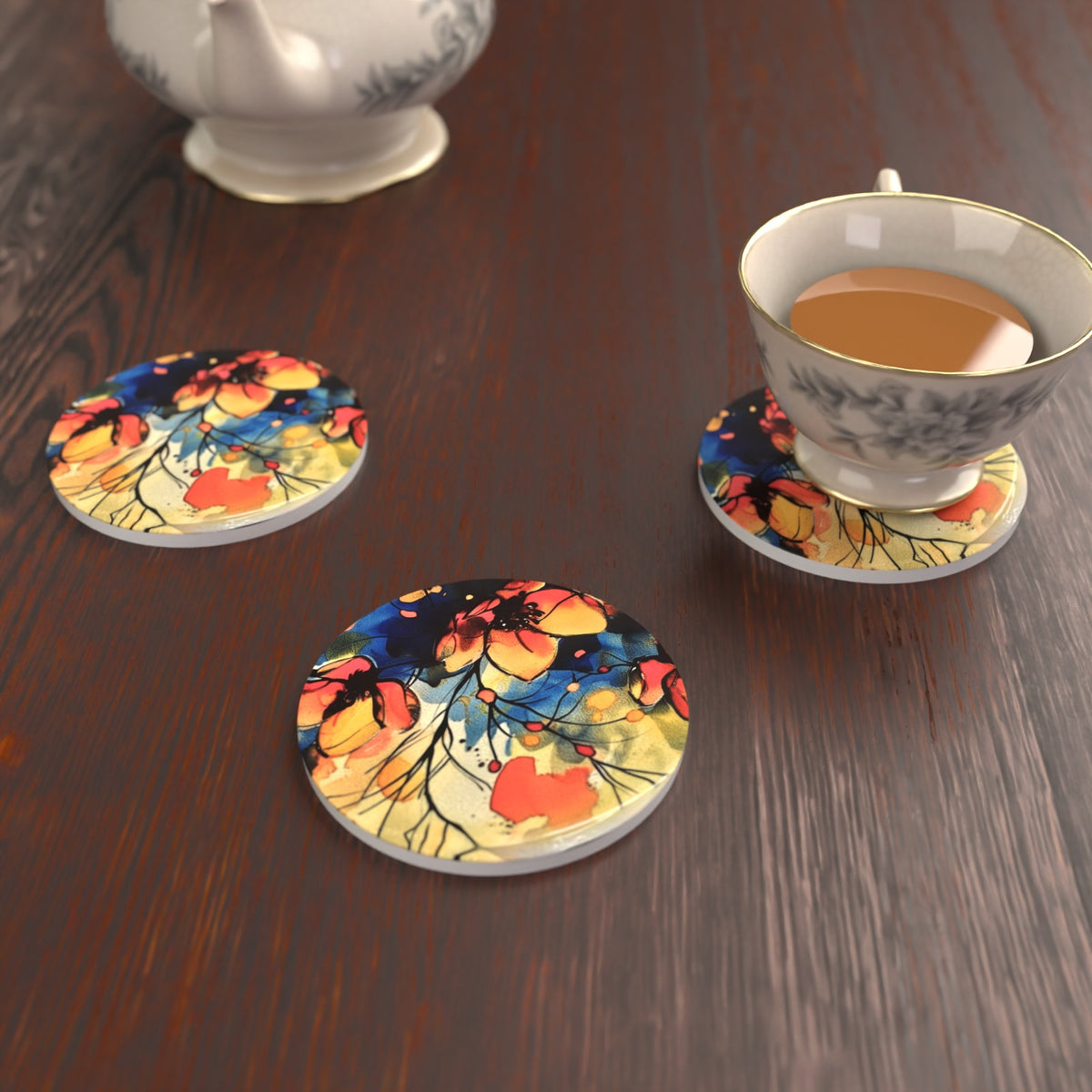 Wildflower Meadow Watercolour Ceramic Coasters – Set of 6 – lifestyle mockup 2