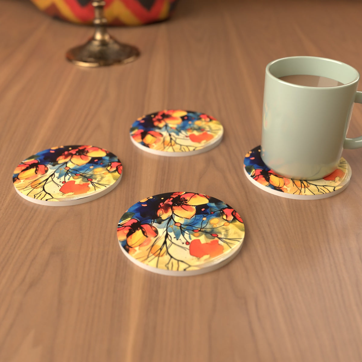 Wildflower Meadow Watercolour Ceramic Coasters – Set of 6 – lifestyle mockup 3