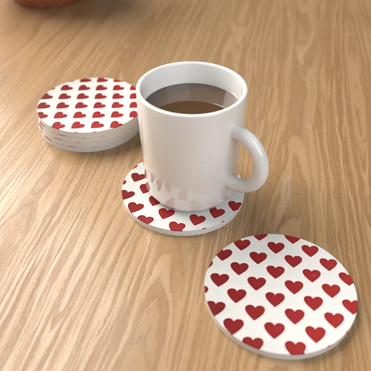 Where the Heart Is Red & White Heart Ceramic Coasters – Set of 6 – lifestyle mockup 1