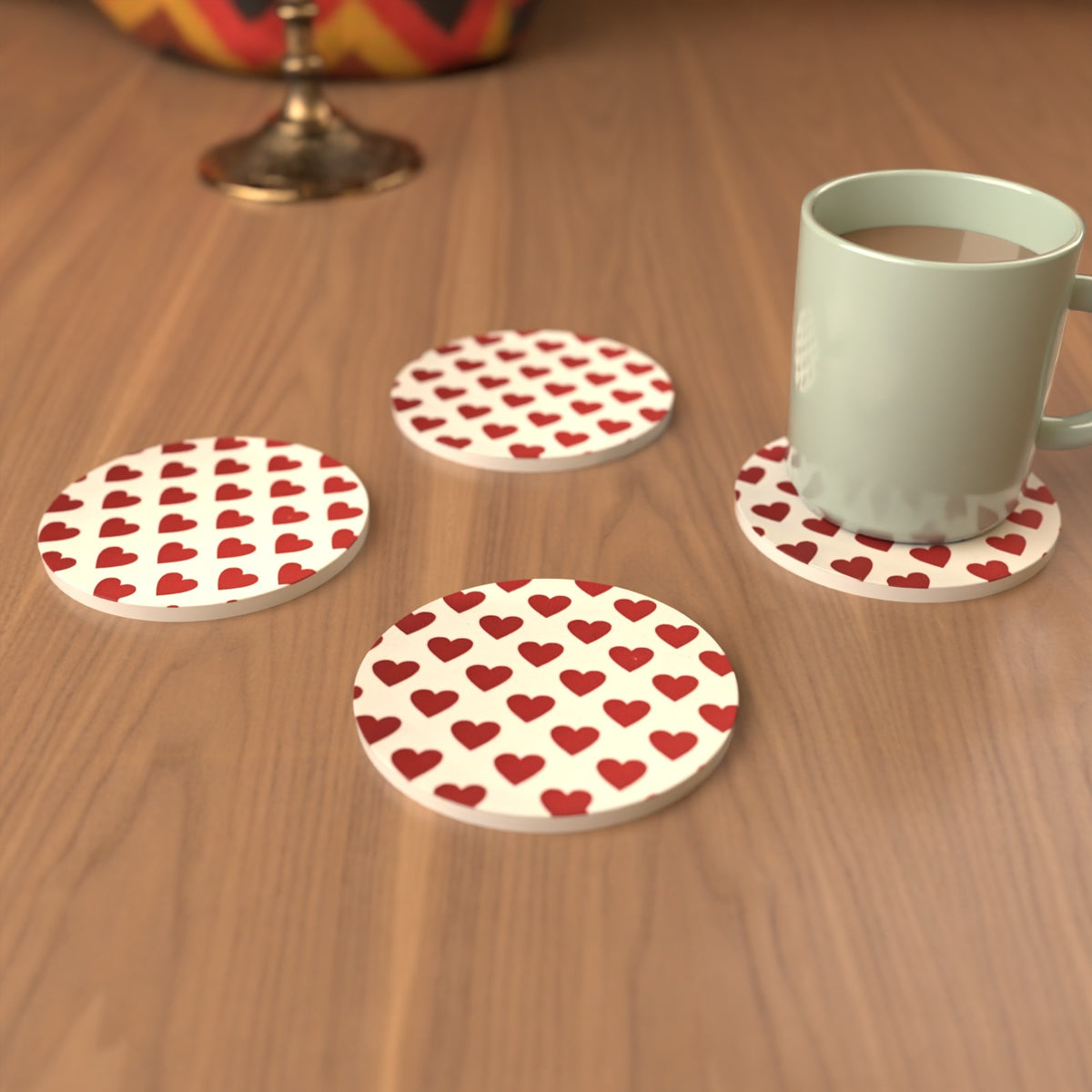 Where the Heart Is Red & White Heart Ceramic Coasters – Set of 6 – lifestyle mockup 3