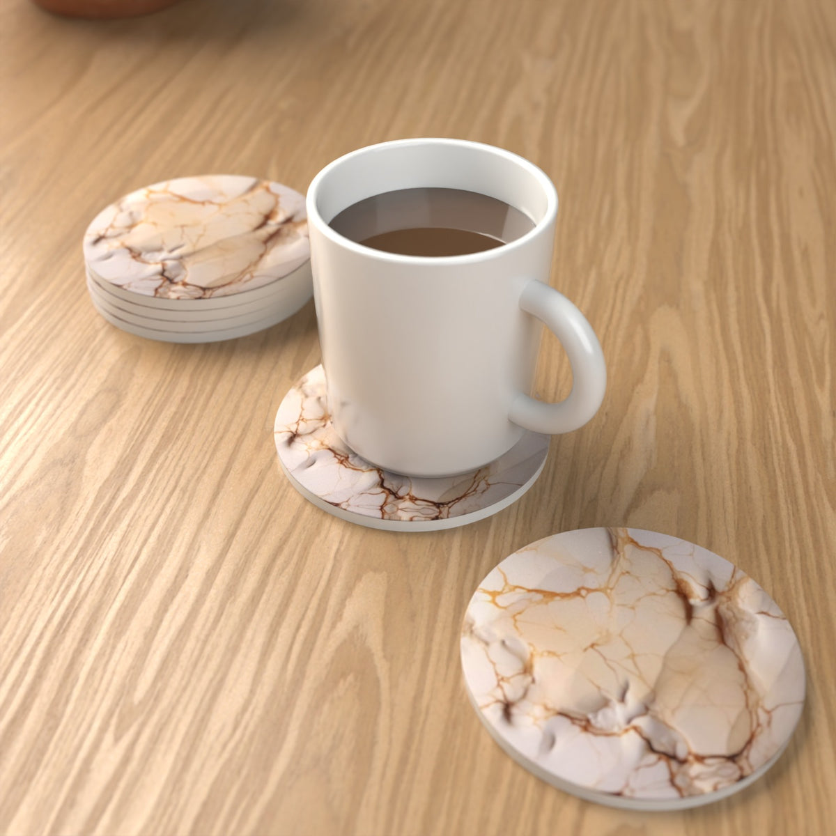 Coffee & Cream Marble Round Ceramic Coasters – Set of 6 – lifestyle mockup 1