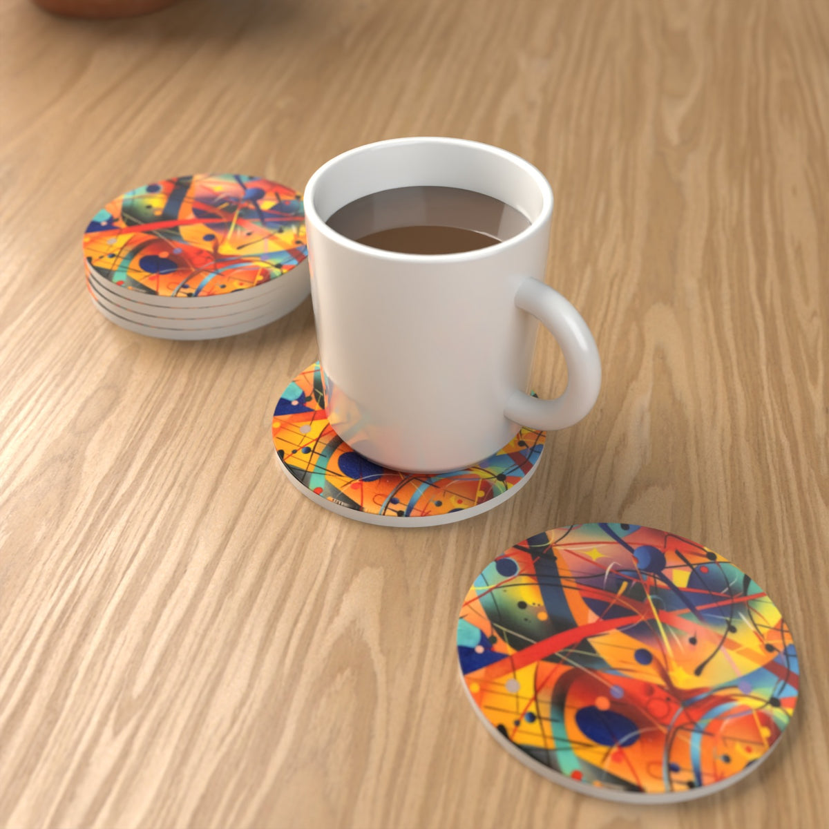 Chaotic Watercolour Abstract Round Ceramic Coasters – Set of 6 – lifestyle mockup 1