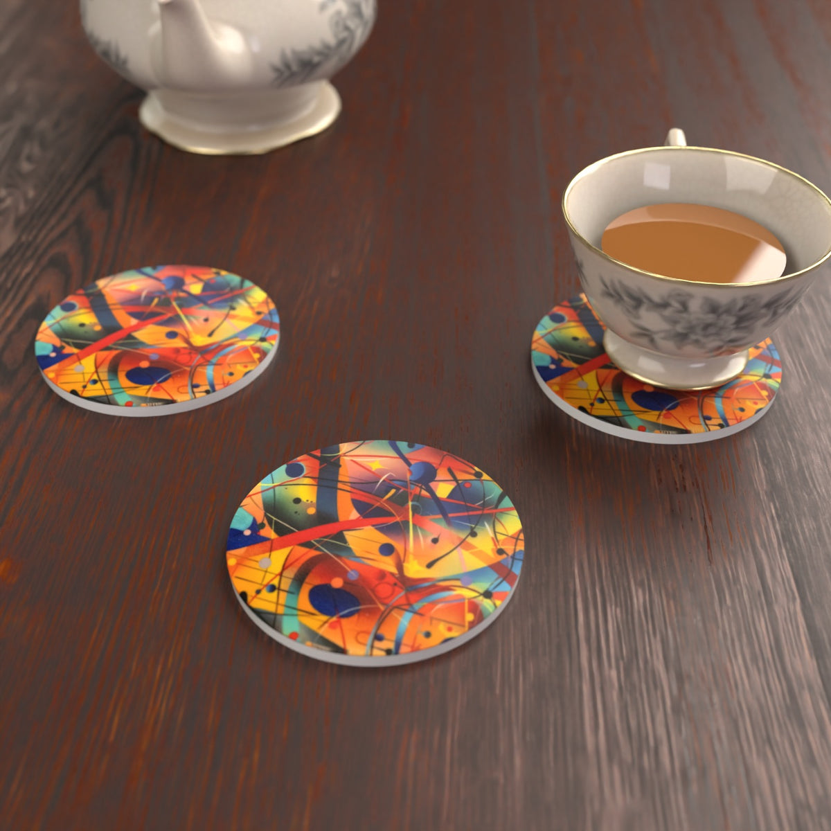 Chaotic Watercolour Abstract Round Ceramic Coasters – Set of 6 – lifestyle mockup 2