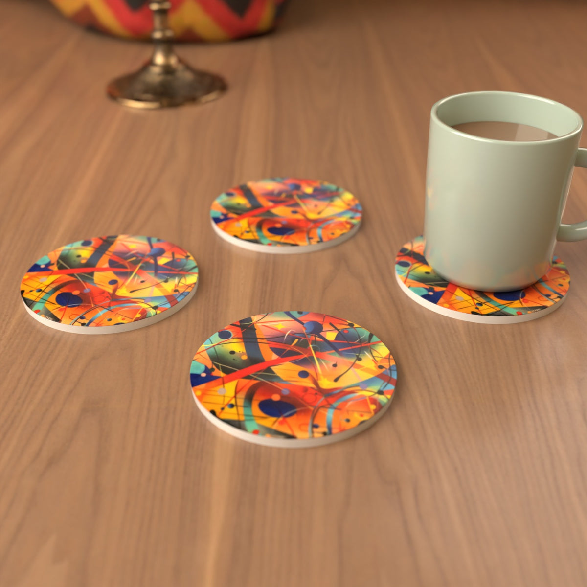 Chaotic Watercolour Abstract Round Ceramic Coasters – Set of 6 – lifestyle mockup 3
