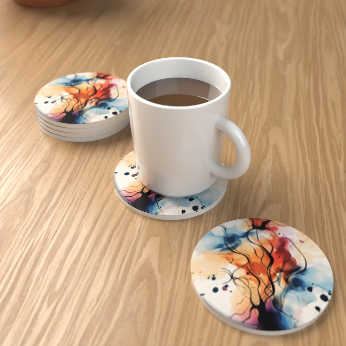 Watercolour Branches No.3 Round Ceramic Coasters – Set of 6 – lifestyle mockup 1