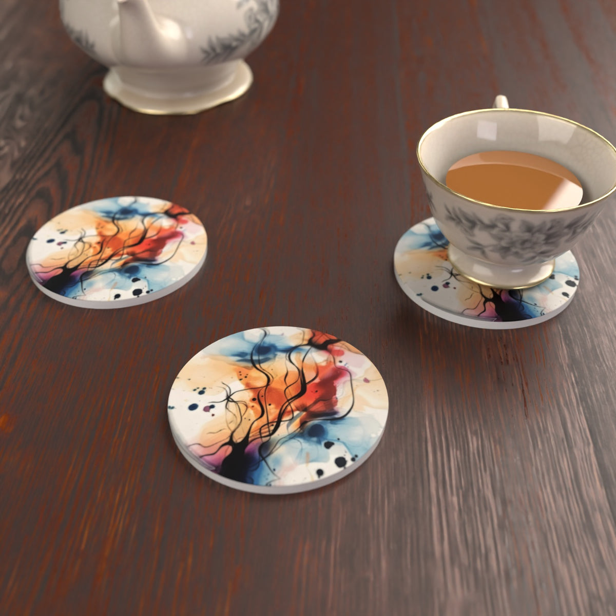 Watercolour Branches No.3 Round Ceramic Coasters – Set of 6 – lifestyle mockup 2