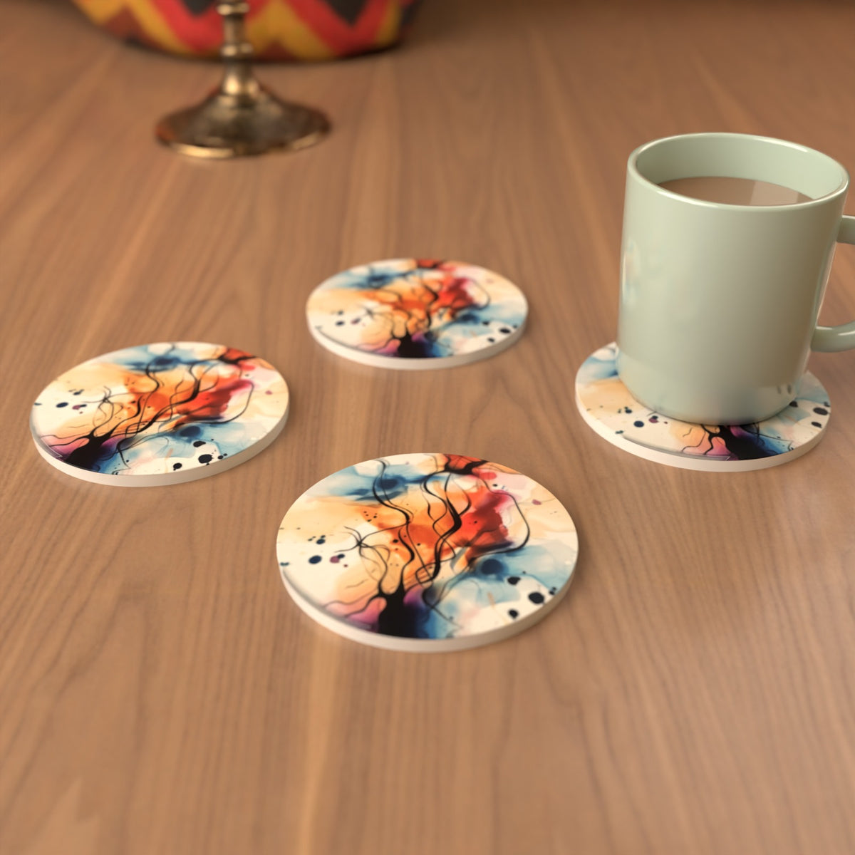 Watercolour Branches No.3 Round Ceramic Coasters – Set of 6 – lifestyle mockup 3