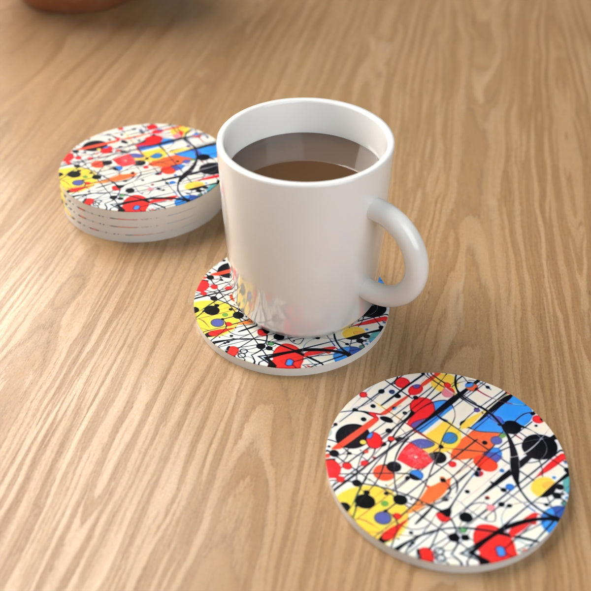Pollock-Style Abstract Round Ceramic Coasters – Set of 6 – lifestyle mockup 1