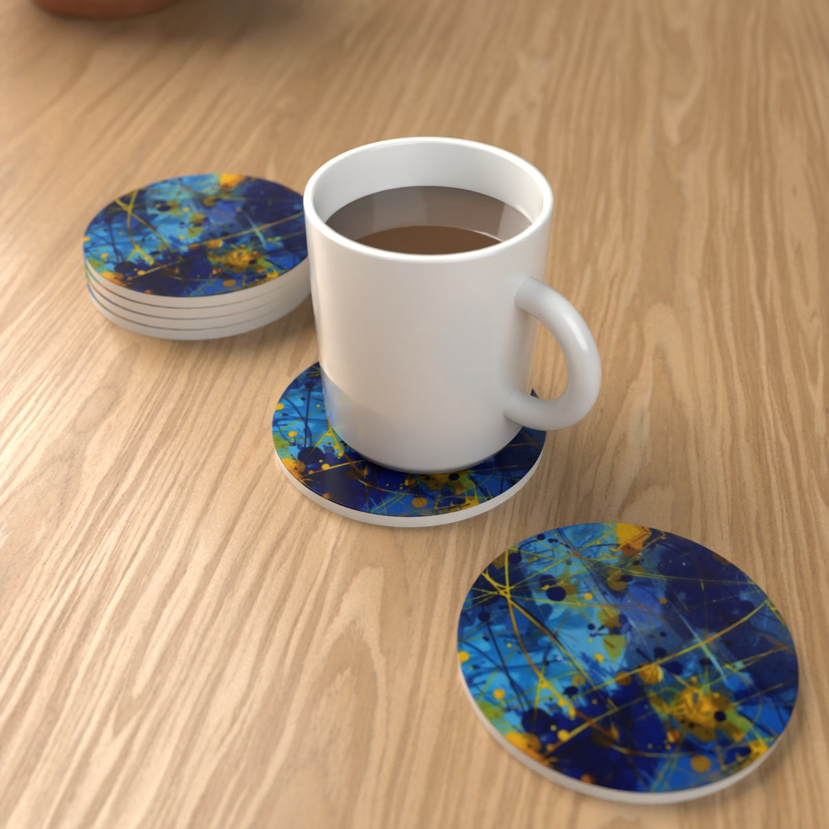 Blue & Yellow Abstract Round Ceramic Coasters – Set of 6 – lifestyle mockup 1