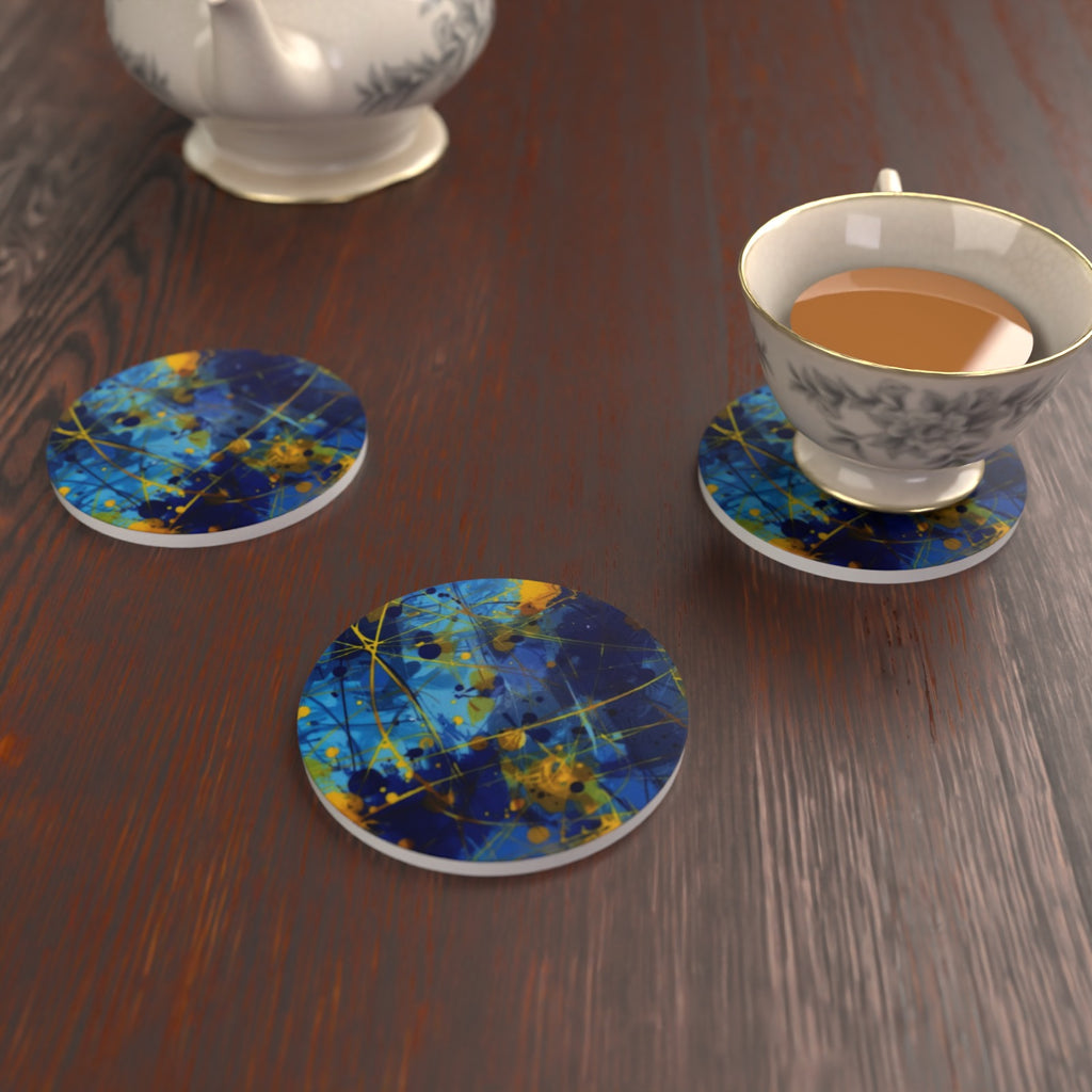 Blue & Yellow Abstract Round Ceramic Coasters – Set of 6 – lifestyle mockup 2