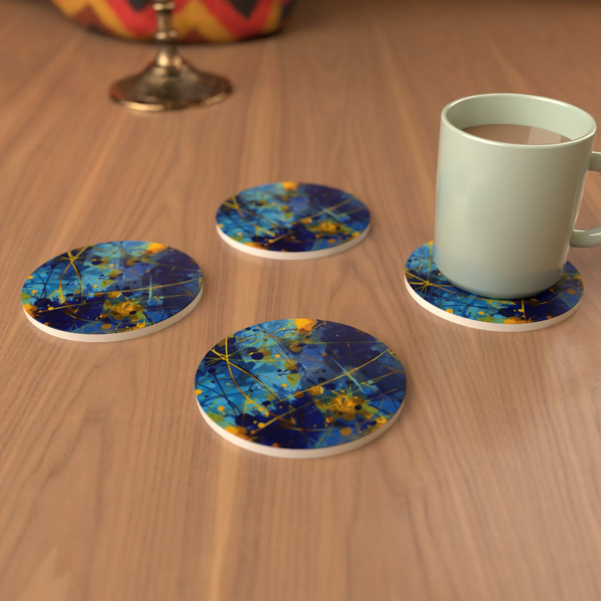 Blue & Yellow Abstract Round Ceramic Coasters – Set of 6 – lifestyle mockup 3