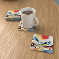 Mountain Landscape Square Glass Coasters – Set of 6, Folk Art – lifestyle mockup 1