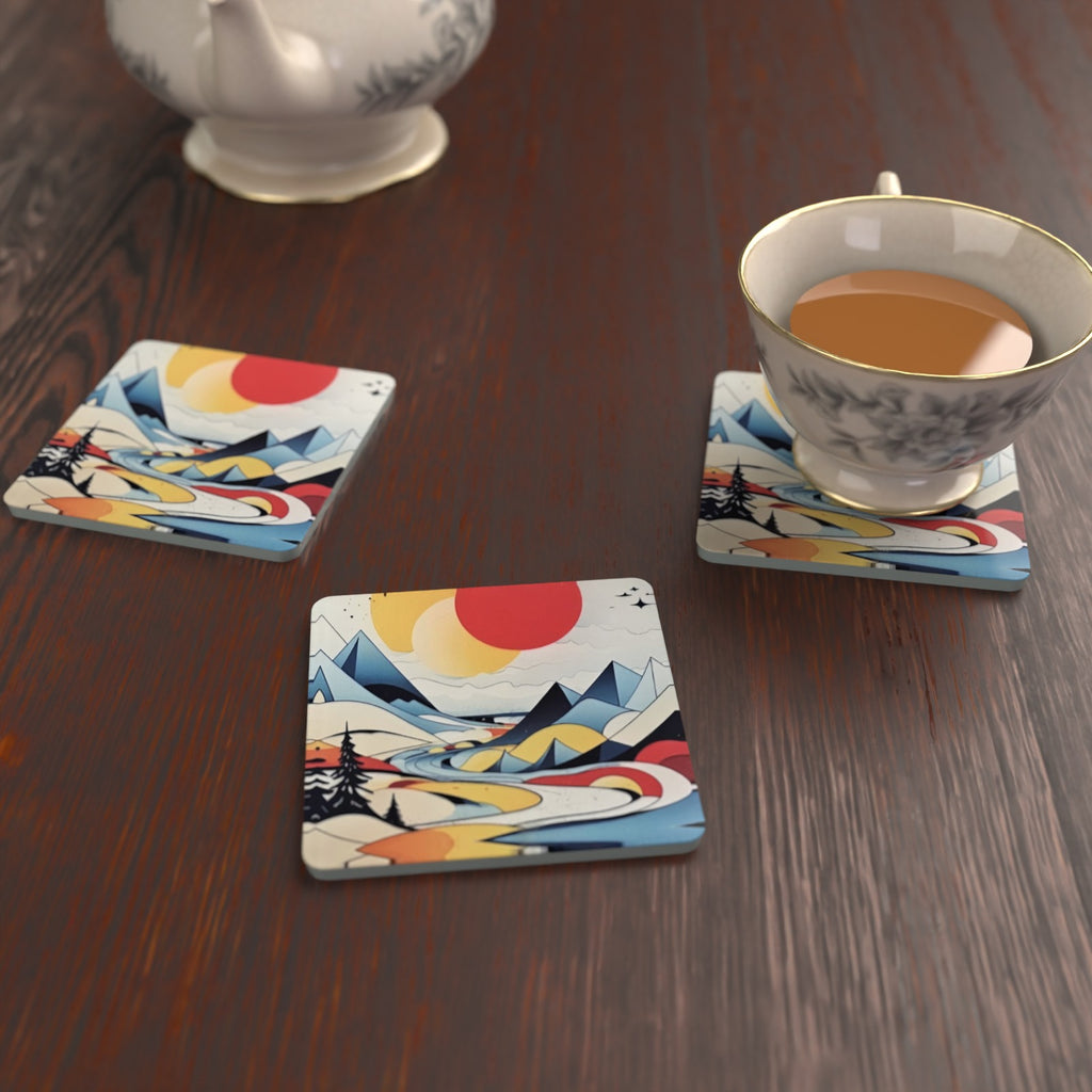 Mountain Landscape Square Glass Coasters – Set of 6, Folk Art – lifestyle mockup 2