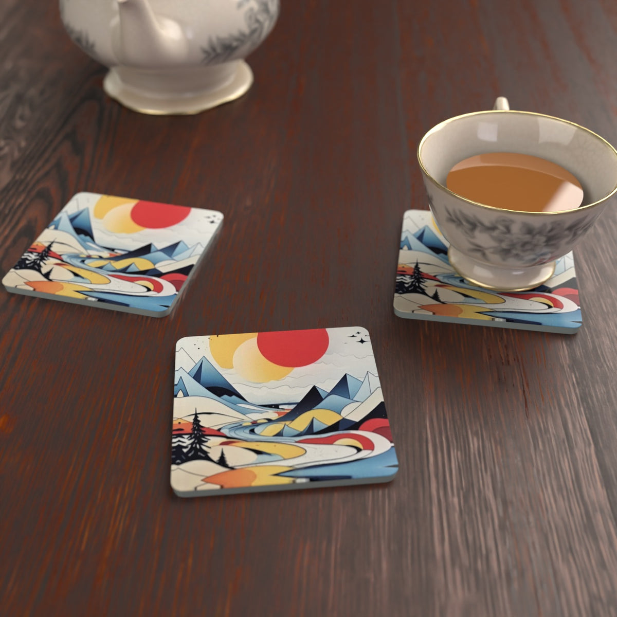 Mountain Landscape Square Glass Coasters – Set of 6, Folk Art – lifestyle mockup 2