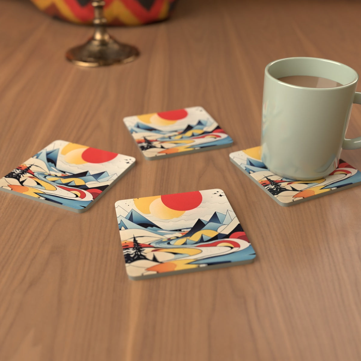 Mountain Landscape Square Glass Coasters – Set of 6, Folk Art – lifestyle mockup 3