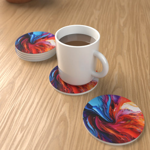 Abstract Vortex No.7 Round Ceramic Coasters – Set of 6 – lifestyle mockup 1