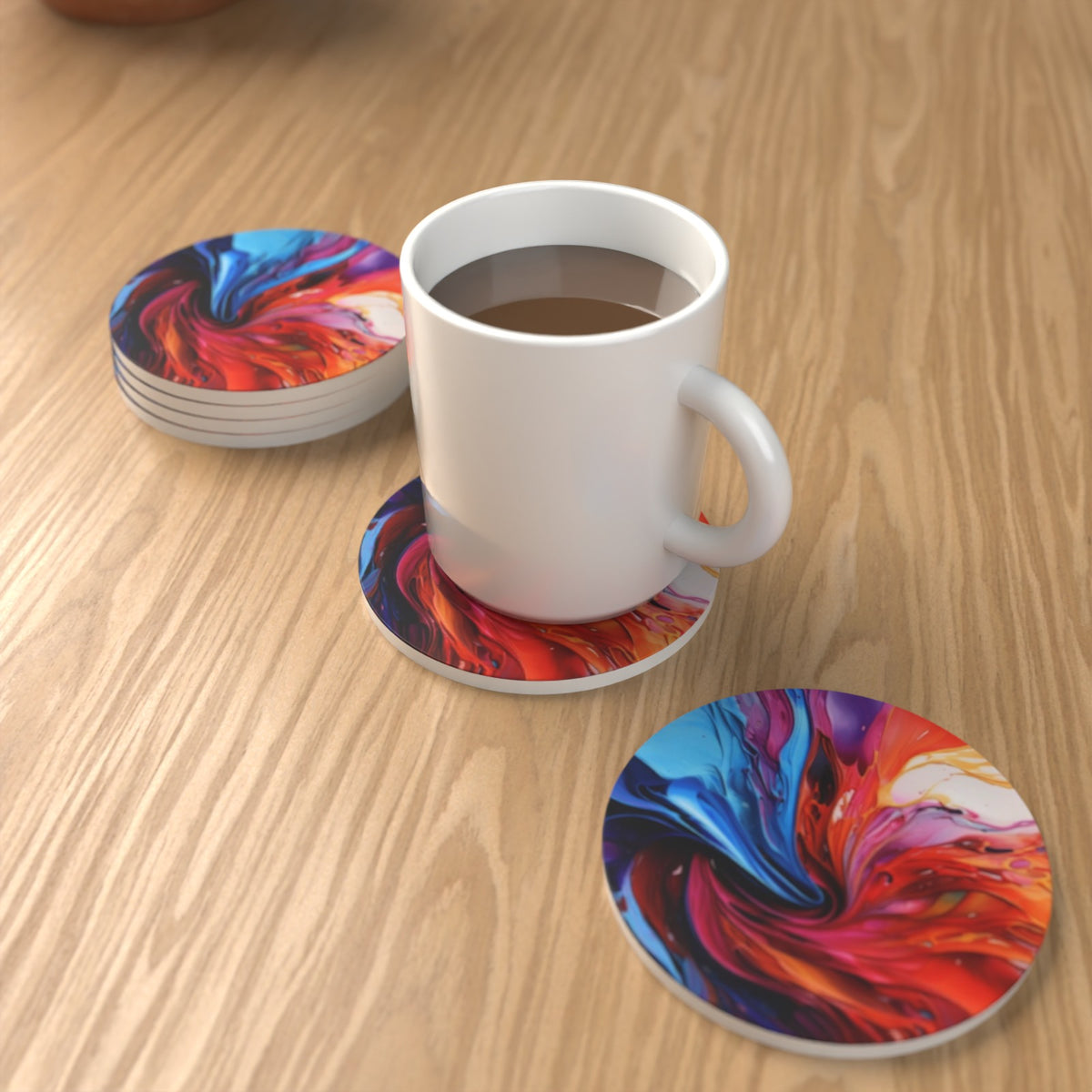 Abstract Vortex No.7 Round Ceramic Coasters – Set of 6 – lifestyle mockup 1