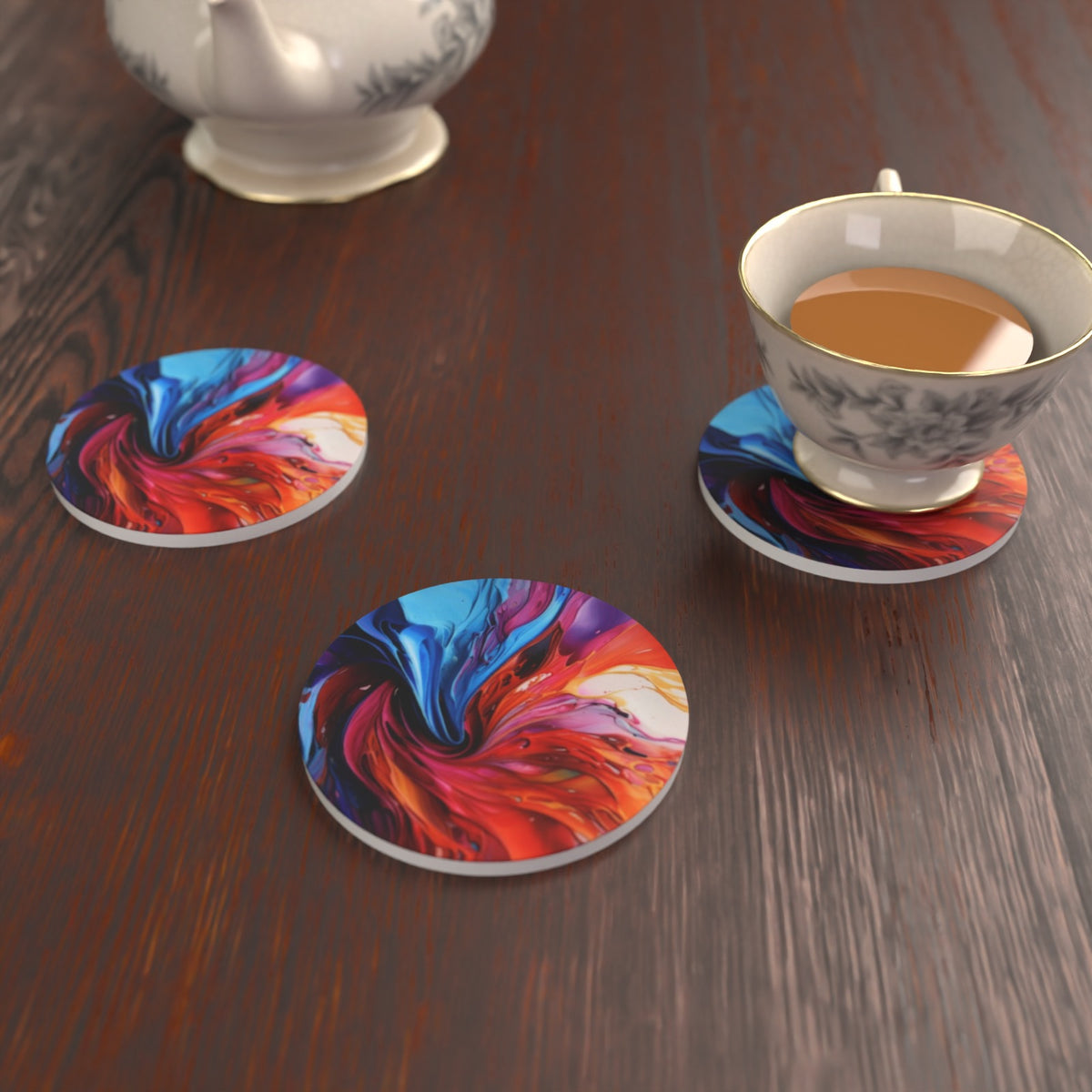 Abstract Vortex No.7 Round Ceramic Coasters – Set of 6 – lifestyle mockup 2