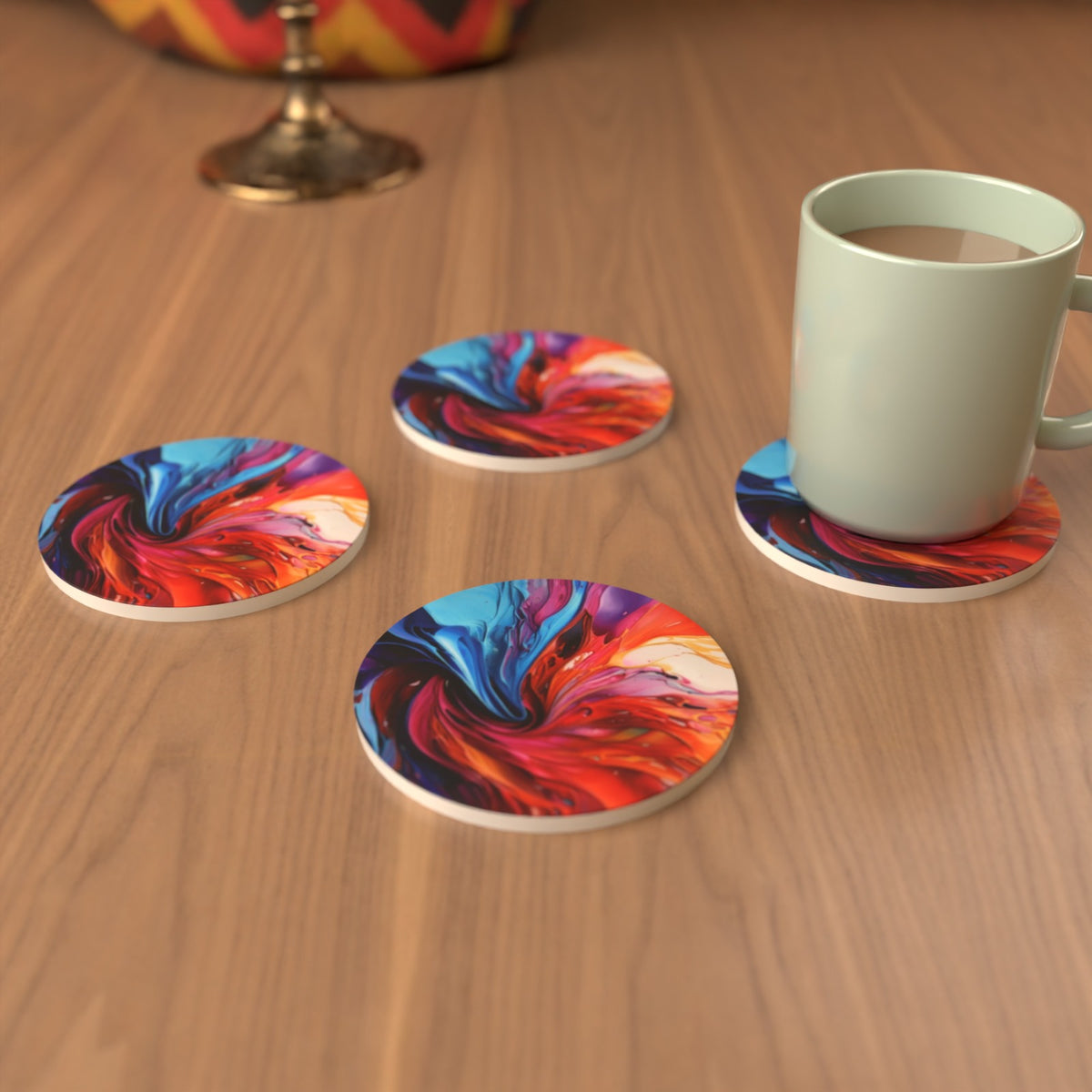 Abstract Vortex No.7 Round Ceramic Coasters – Set of 6 – lifestyle mockup 3