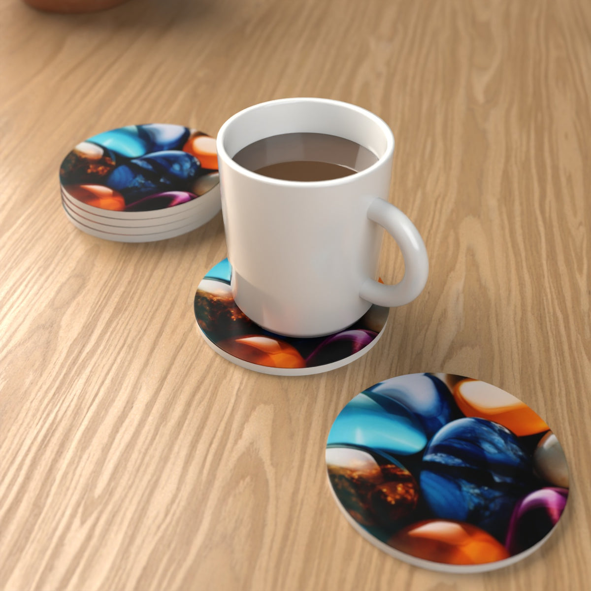 Pebbles Abstract Round Ceramic Coasters – Set of 6 – lifestyle mockup 1