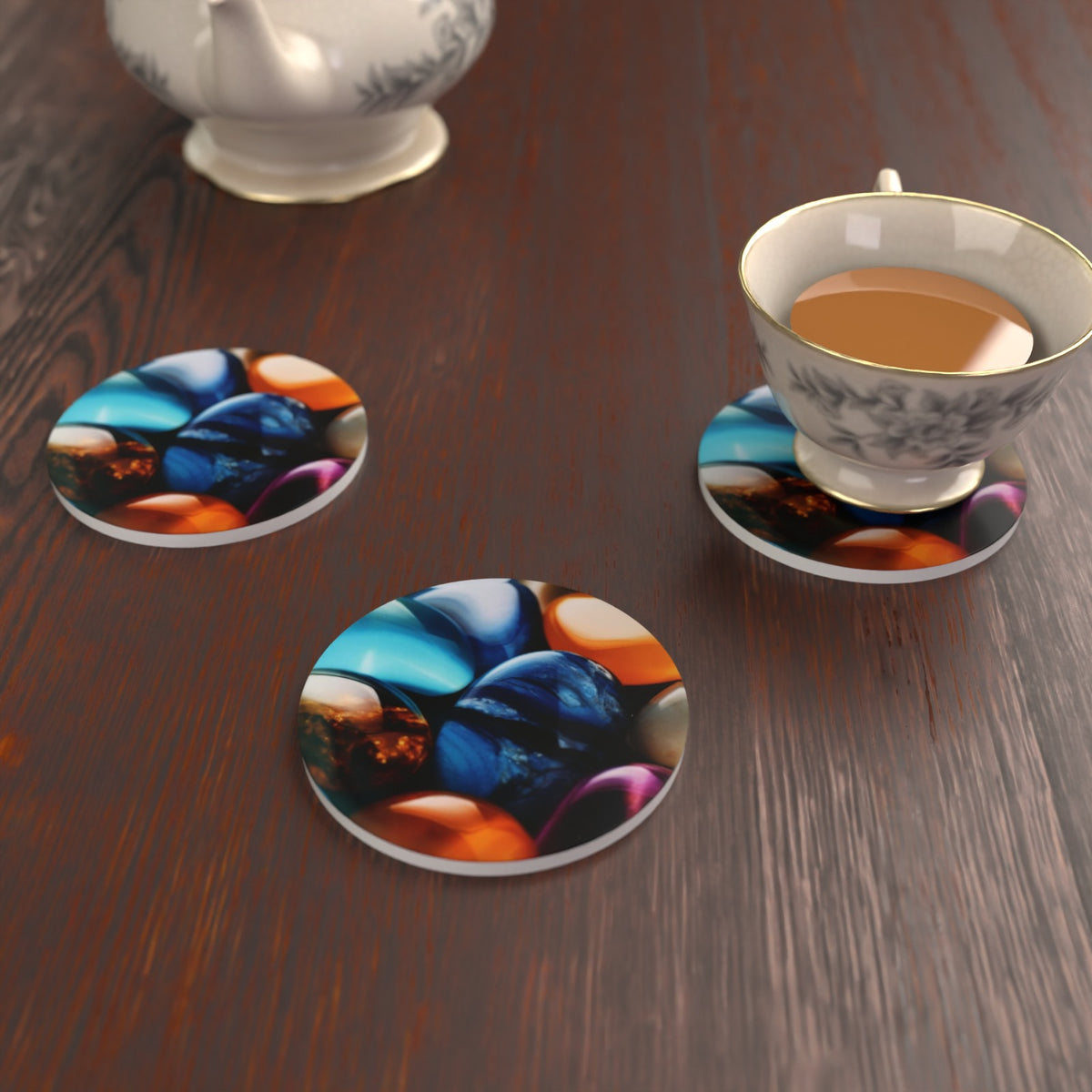 Pebbles Abstract Round Ceramic Coasters – Set of 6 – lifestyle mockup 2