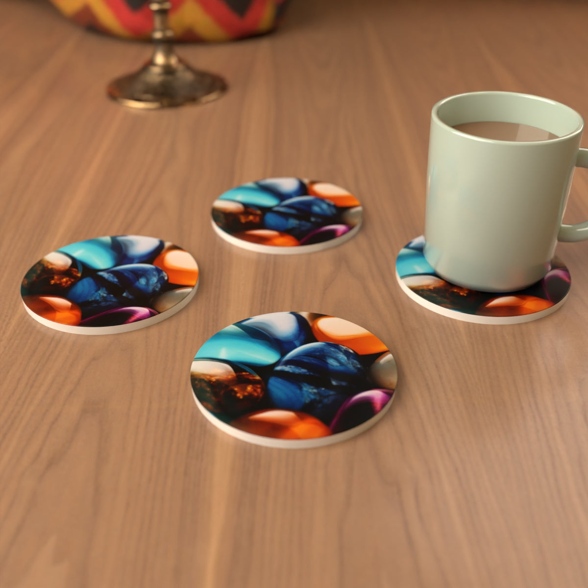 Pebbles Abstract Round Ceramic Coasters – Set of 6 – lifestyle mockup 3