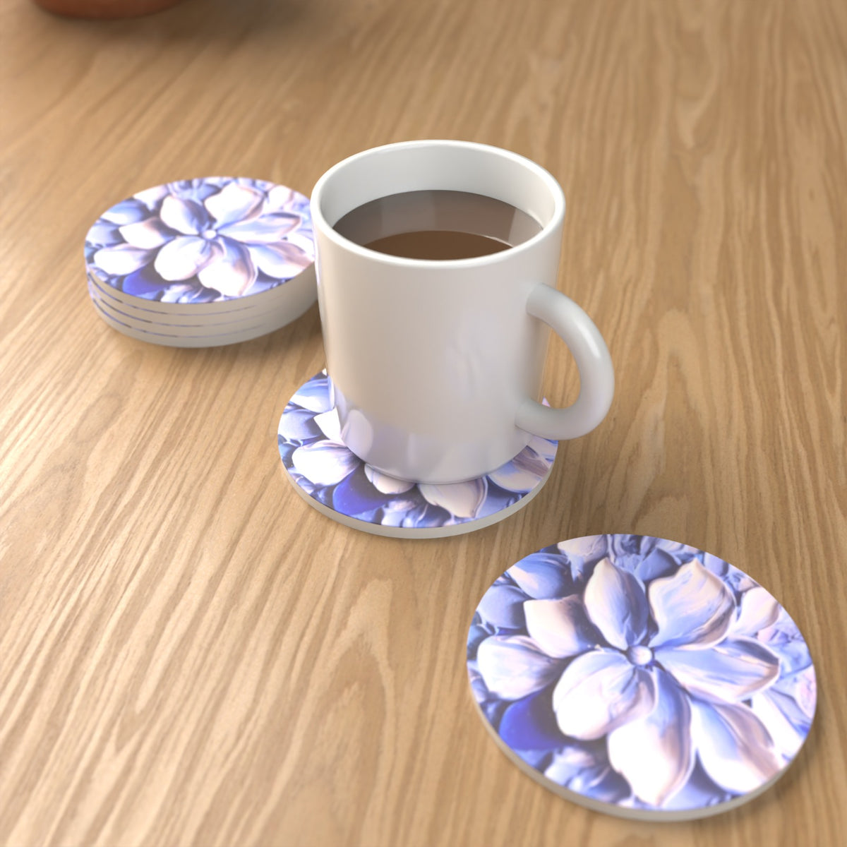 Lilac Lily Oil Painting Round Ceramic Coasters – Set of 6 – lifestyle mockup 1