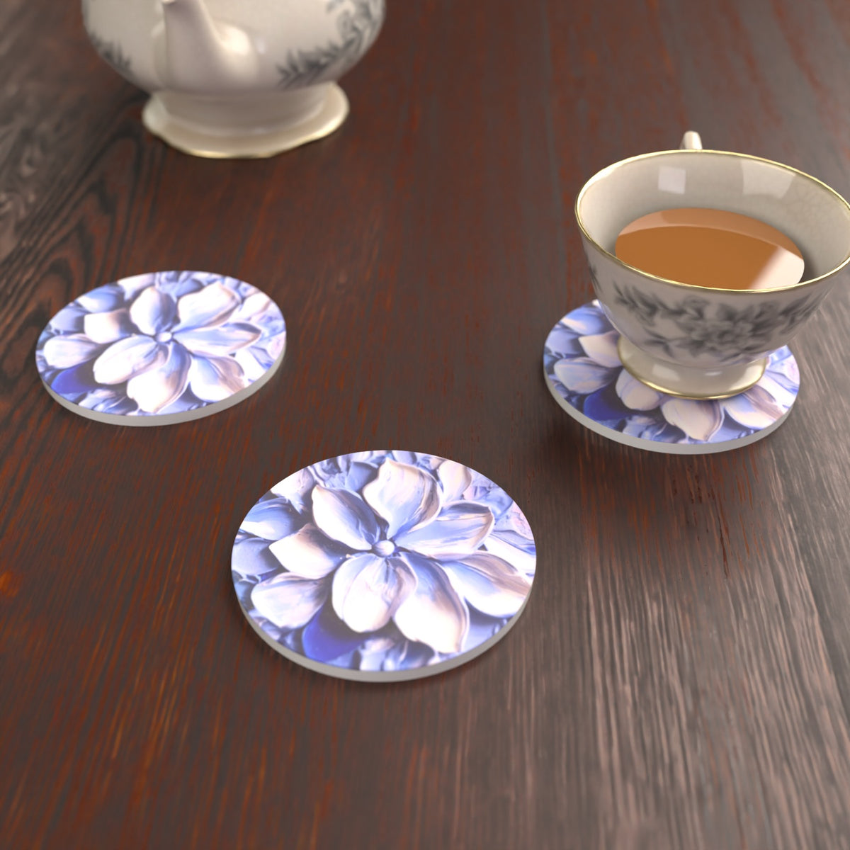 Lilac Lily Oil Painting Round Ceramic Coasters – Set of 6 – lifestyle mockup 2